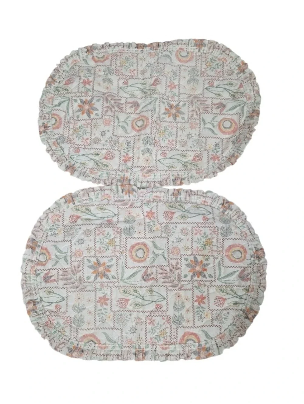 Vintage two oval quilted fabric placemats or mats patchwork 18x13 Table Floral